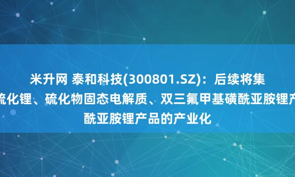 米升网 泰和科技(300801.SZ)：后续将集中精力推进硫化锂、硫化物固态电解质、双三氟甲基磺酰亚胺锂产品的产业化